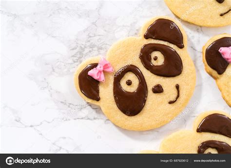 Panda Shaped Shortbread Cookies Chocolate Icing Kitchen Counter Stock ...