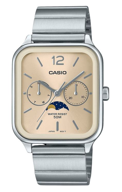 Casio Standard Analog Moon Phase Stainless Steel Champagne Dial Quartz