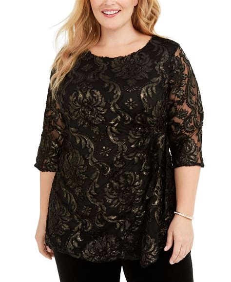 Alfani Plus Size Metallic Velvet Burnout Tie Side Top Created For Macy