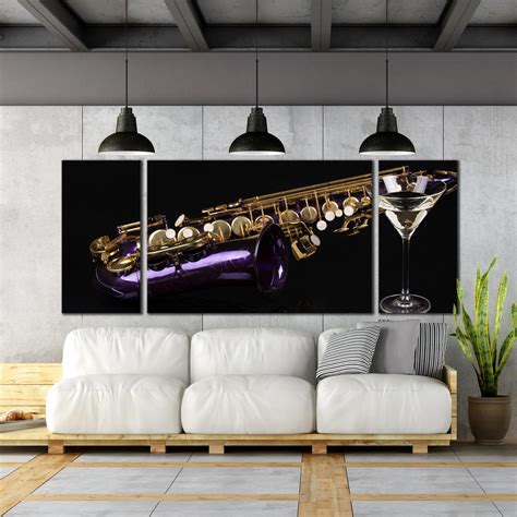 Triptych Canvas Artwork Purple Gold Saxophone Music Dark Background ...