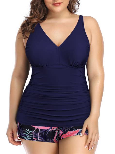 Chama Plus Size Tankini Boyshorts Swimsuits For Women Tummy Control 2 Piece Slimming Bathing