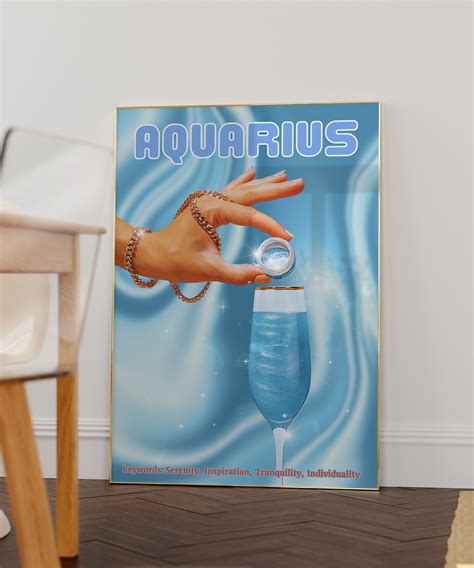 Blue Aquarius Poster Zodiac Sign Aquarius Print Retro Wall Decor Digital Download Print Large