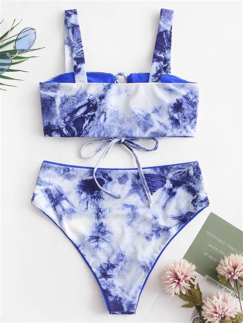 Zaful Tie Dye Lace Up Reversible Bikini Swimsuit Cobalt Blue Ad