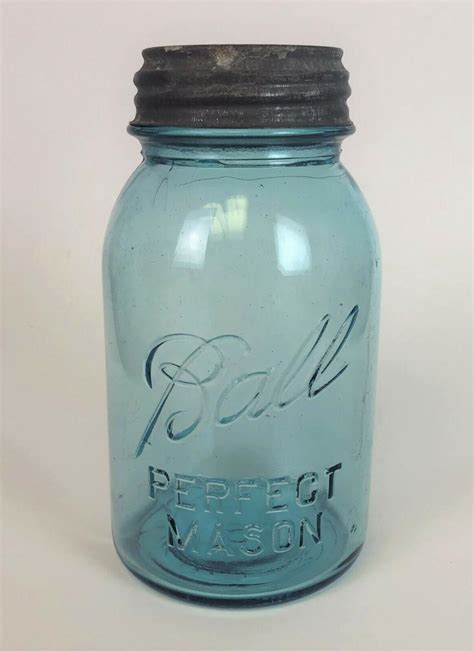 Antique Ball Perfect Mason Jar 1923 33 Blue Glass Quart Size Zinc Top