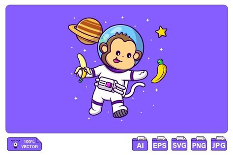 Cute Monkey Astronaut Catching Banana In Space Cartoon