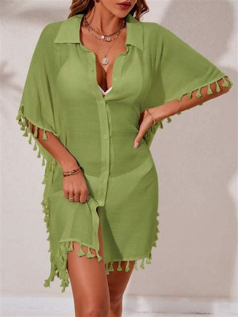 Tassel Trim Batwing Sleeve Button Front Kimono SHEIN USA