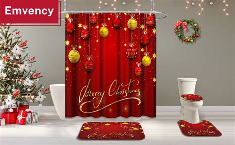 Amazon Emvency Christmas Shower Curtain Set With Toilet Lid Cover