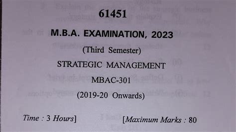 Strategic Management 2023 24 Question Paper Of Mba Mba Previous Year Question Paper Youtube