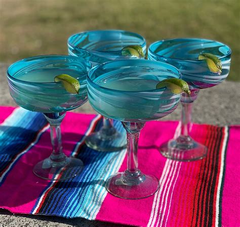 Mexican Hand Blown Glass Set Of 4 Hand Blown Margarita Glasses Aqua Swirl 16 Oz Cookingfreshs