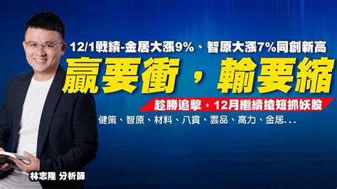 理周tv 20221201盤後 林志隆 股動人生／121戰績 金居大漲9、智原大漲7同創新高 贏要衝，輸要縮 趁勝追擊，12月繼續搶短抓妖股 ⭕️健策、智原、材料、八貫、雲品、高力、金居