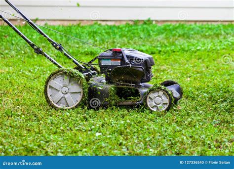 Push Lawnmower In Action With Grass Flying Around Lawncare Concept