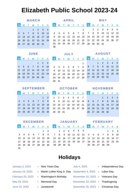 Elizabeth Public Schools Calendar 2023-24 [EPS] with Holidays