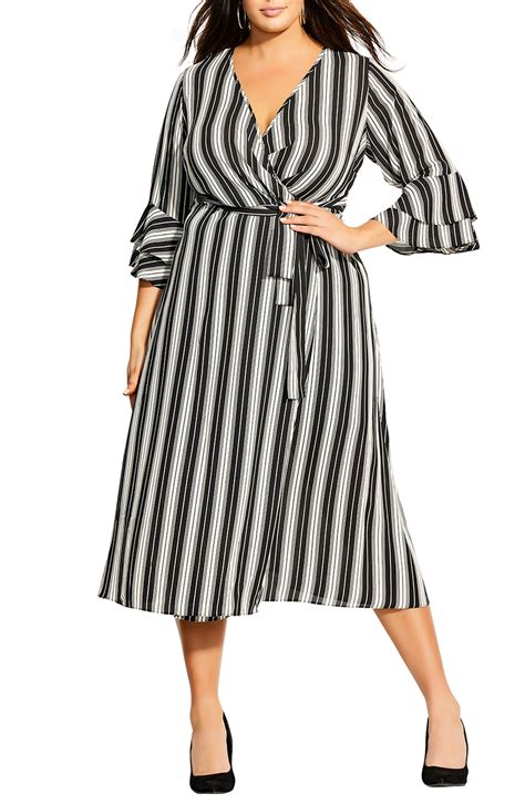 City Chic Synthetic Stripe Out Faux Wrap Midi Dress In Black Lyst