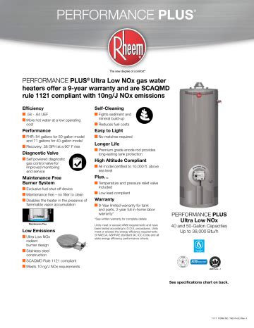 Rheem XG50T09HN38U2 Performance Plus 50 Gal Tall 9 Year 38 000 BTU