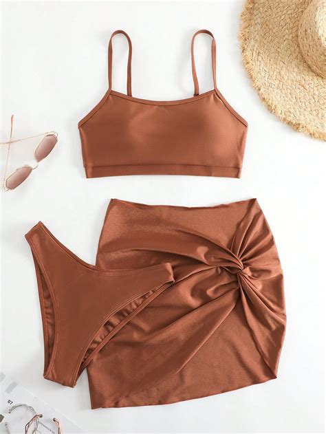 Shein Swim Bae Ba Ador Bikini Liso Con Falda De Playa Moda De Mujer