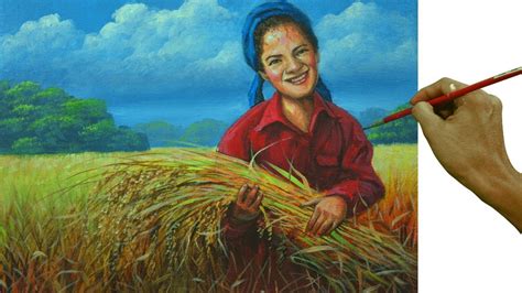 Acrylic Landscape Painting Tutorial Woman Harvesting Rice By JM