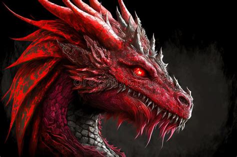 Glowing Gaze And Fanged Mouth In Red Dragons Head Sight Stock