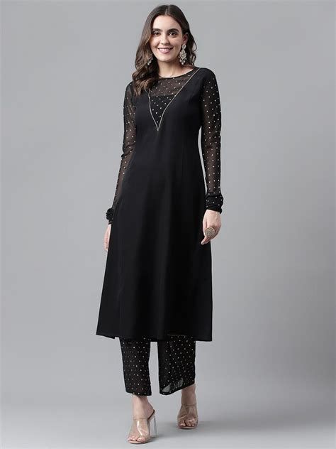 black colour gold print crepe kurti  pant  rs piece kurti