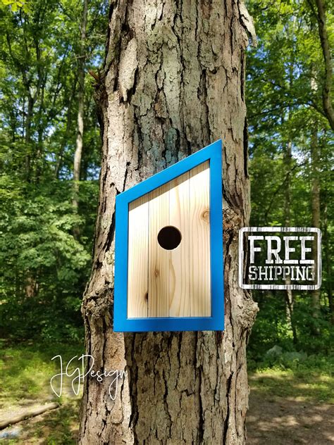 Birdhouse Modern Wooden Birdhouse Minimalist Blue Pacific Pleasure With White Cedar Face Unique