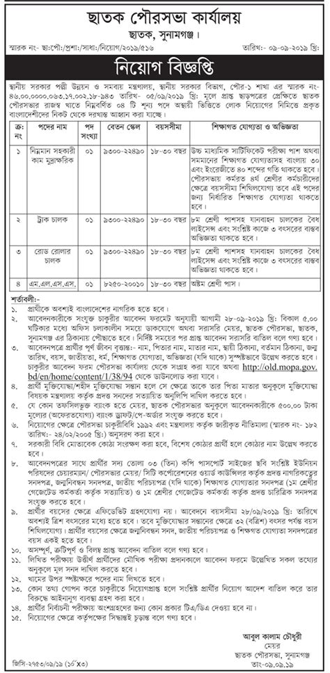 Municipality Job Circular Apply Procedure 2019