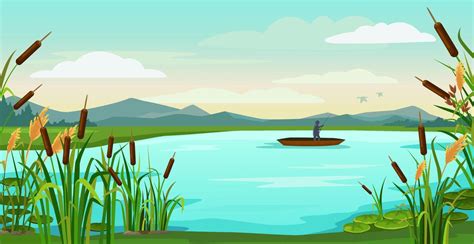 Cartoon Lake Landscape Fisherman Fishing In Boat On Pond With Reeds