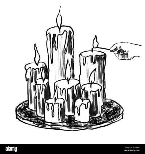 Hand Drawn Illustration Of Burning Candles With Match On Plate Witch