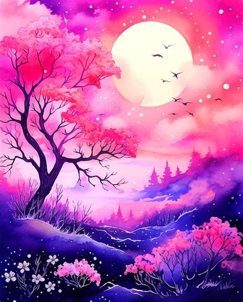 Premium Vector | Pink sunset in nature watercolor paint