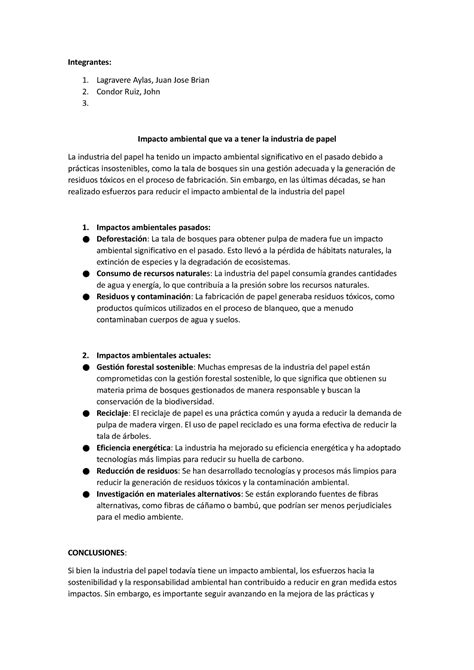 Impacto Ambiental Que Va A Tener La Industria De Papel Integrantes 1