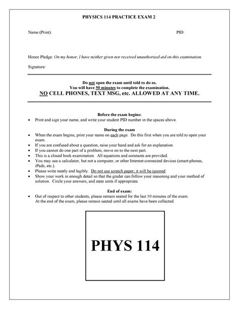 Physics 114 Practice Exam 2 PHYSICS 114 PRACTICE EXAM 2 Name Print