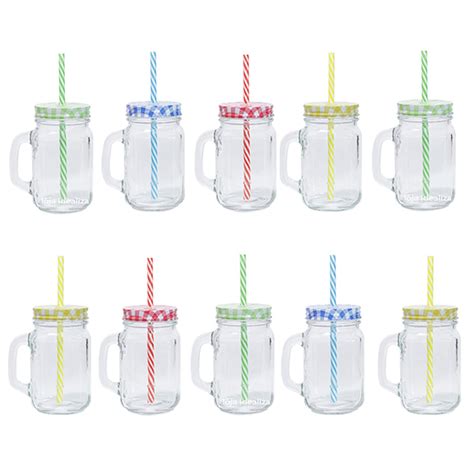 10 Caneca Vidro Tampa Canudo Jarra Cerveja Drink Mason Jar S Shopee