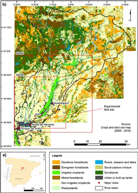 a – b. Study area: a) Henares River basin location; b) Land cover map... | Download Scientific ...