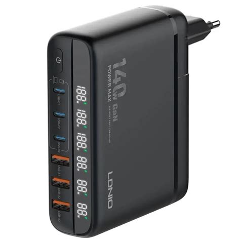 Многопортовое зарядное устройство LDNIO A6140C GaN 140W с LED дисплеем ...
