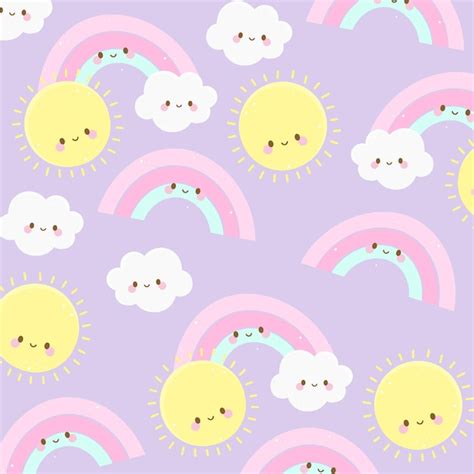 Regenboog Zon En Wolk Schattige Cartoon Vector Op Kawaii Stijl