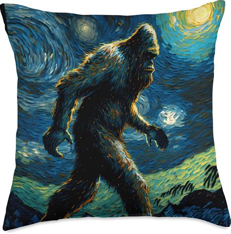 Amazon Funny Bigfoot Starry Night Van Gogh Sasquatch Throw Pillow