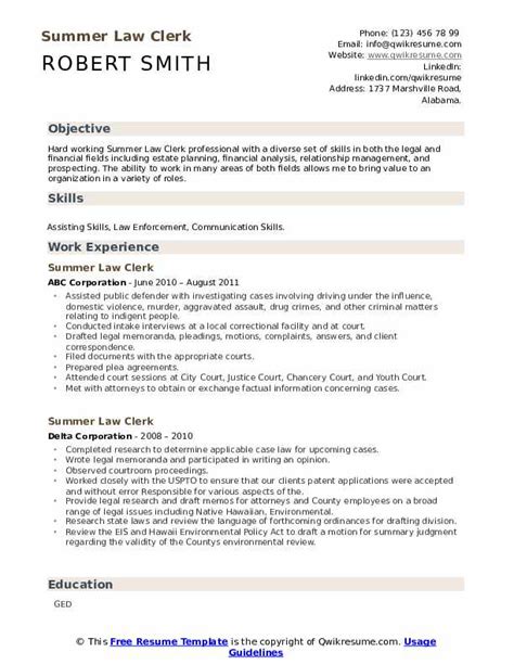 Summer Law Clerk Resume Samples Qwikresume