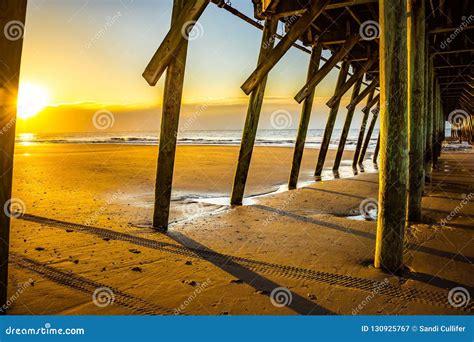 Sunrise Under The Myrtle Beach Fishing Pier Stock Image Image Of