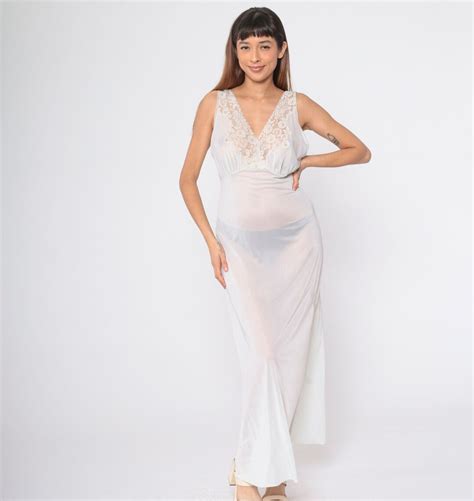Sheer White Nightgown S Lace Trim Lingerie Slip Dress Maxi Nylon Boho Empire Waist V Neck Low