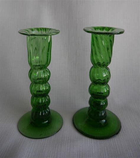 Hand Blown Green Bubble Glass Candlestick Holders Hand