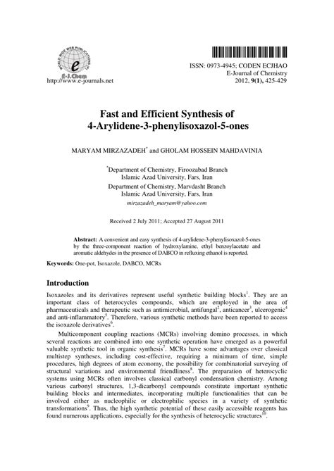 PDF Fast And Efficient Synthesis Of 4 Arylidene 3 Phenylisoxazol 5 Ones