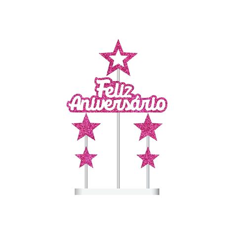 Topo De Bolo Feliz Aniversário Rosa Glitter