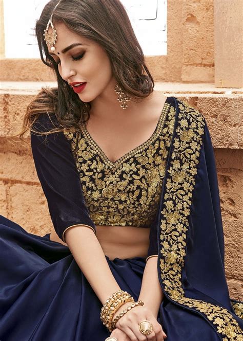 Navy Blue Plain Crepe Silk Saree Enhanced By Sequins And Embroidered