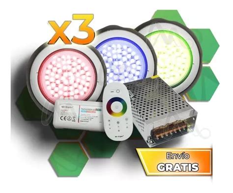 3 Luces Pileta Led Rgb Control Touch Trafo Kit Fibra