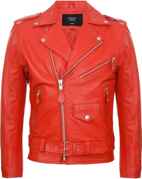 Infinity Leather Mens Leather Red Brando Biker Jacket Rock Motorcycle Retro Hide Biker Jacket