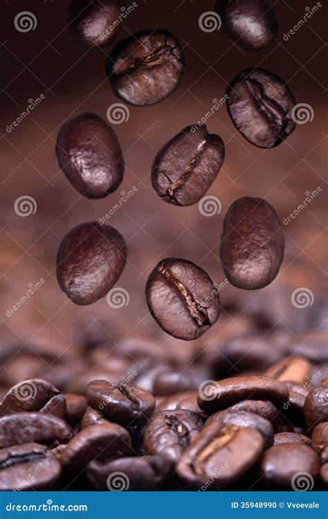 Falling Roasted Coffee Beans On Coffee Background Stock Photo Image