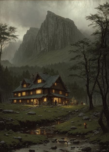 Premium AI Image | A painting of a cabin in the mountains