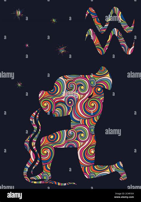 Zodiac Sign Aquarius Fill With Colorful Muted Wavy Shapes On The Dark Gray Background With Stars