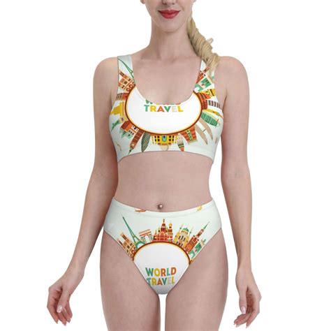 Adobk World Travel Print Women High Waisted Bikini Set Sports Swimsuit