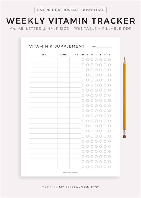 Weekly Vitamin Tracker Printable Supplement Checklist Daily Vitamin