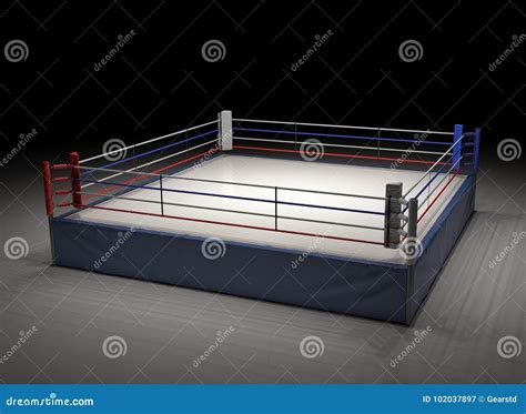 3d Rendering Of An Empty Boxing Ring Spotlighted In The Dark Stock