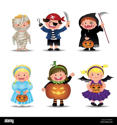 Cartoon Cute Halloween Kids In Trick Or Treat Costumes, vector ...